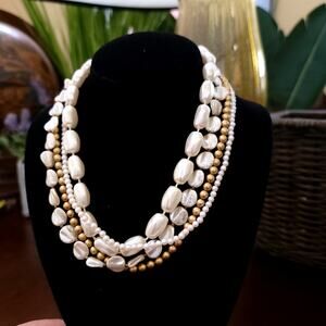 Vintage Multi Strand Necklace with Faux Pearls and Gold Bead Elegant 1950s Style
